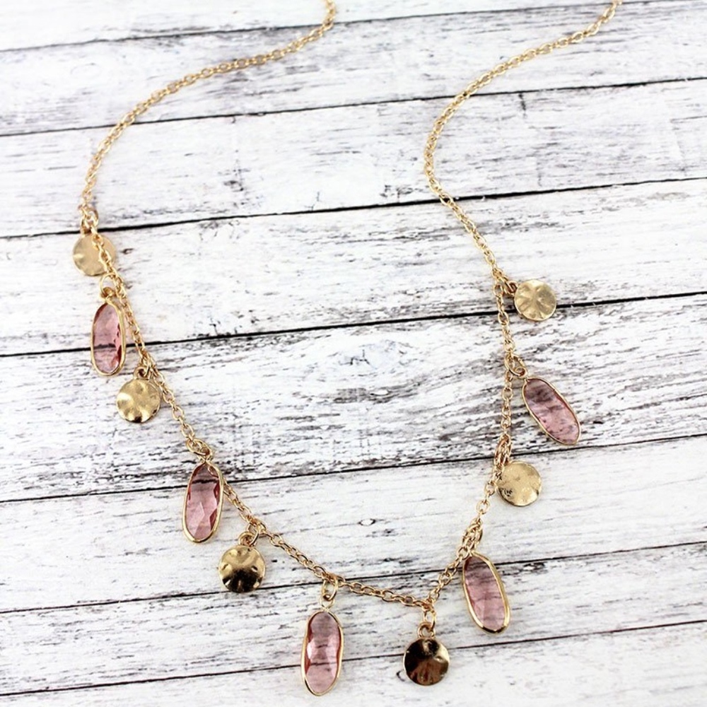 2/$15- PINK OVAL GEMSTONE GOLDTONE CHARM NECKLACE